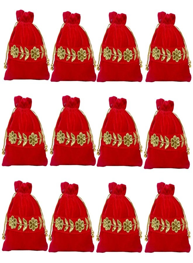 Dulhan Handcrafted Red Velvet Gota Patti Potli Bags | Traditional Embroidered Gift Bags for Wedding, Diwali, Mehndi Baby Shower | Zari Tassels and Moti Work | Reusable Decorative Pouches(Pack of 12) - Image 1